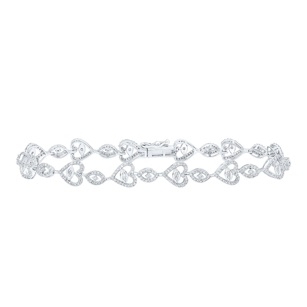 10kt White Gold Womens Round Diamond Heart Bracelet 1 Cttw