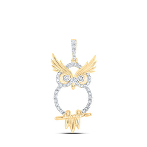 10kt Yellow Gold Womens Round Diamond Owl Animal Pendant 1/3 Cttw