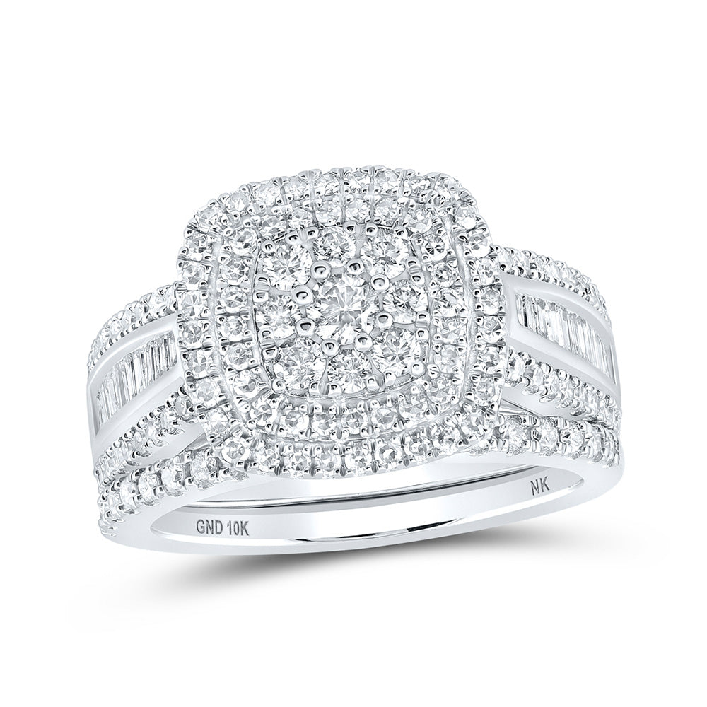 10kt White Gold Round Diamond Square Bridal Wedding Ring Band Set 1-1/4 Cttw