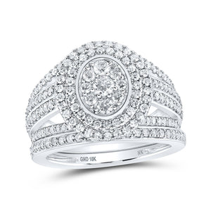 10kt White Gold Round Diamond Oval-shape Bridal Wedding Ring Band Set 1-1/5 Cttw