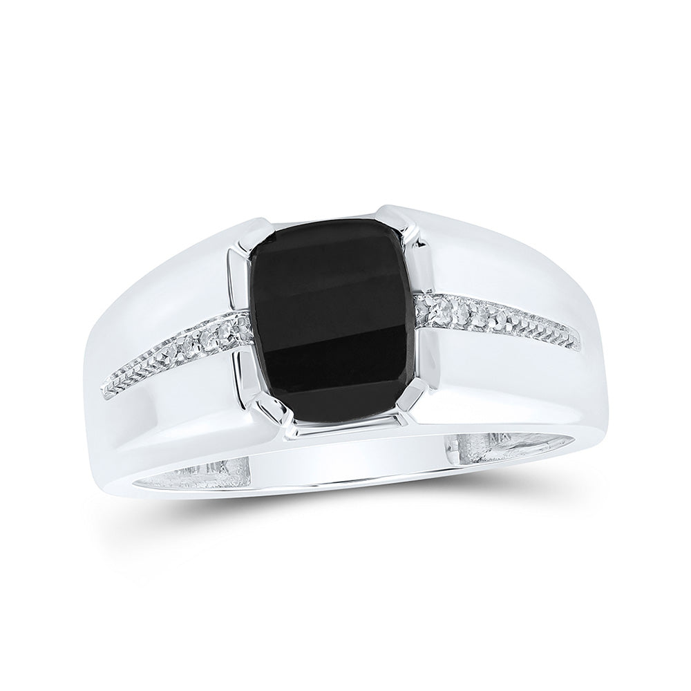 10kt White Gold Mens Cushion Onyx Diamond Band Ring 2 Cttw