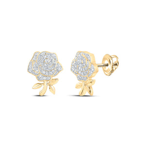 10kt Yellow Gold Womens Round Diamond Rose Flower Earrings 1/3 Cttw