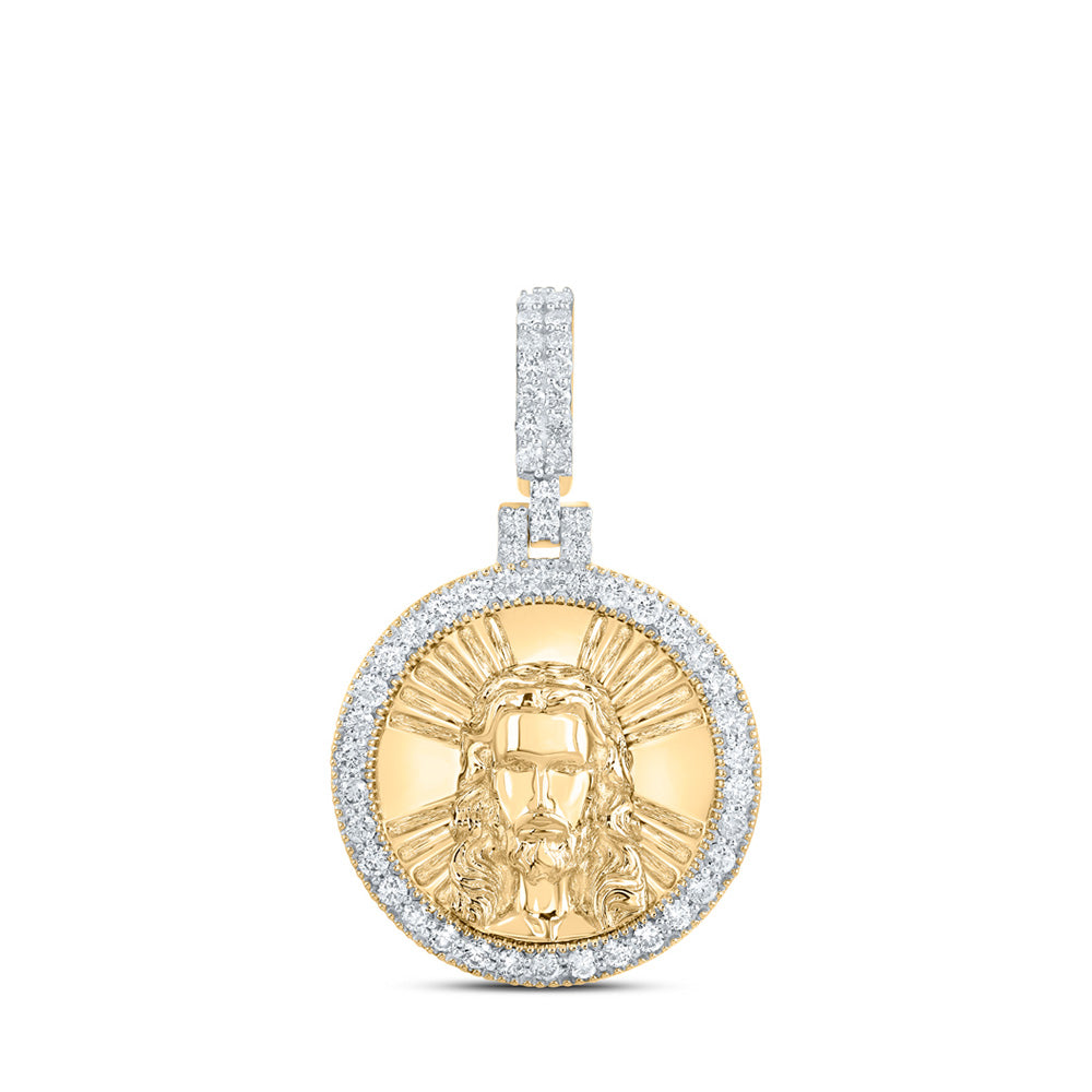 10kt Yellow Gold Mens Round Diamond Jesus Face Circle Charm Pendant 3/4 Cttw