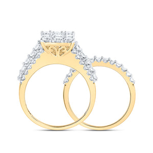 10kt Yellow Gold Round Diamond Square Bridal Wedding Ring Band Set 2 Cttw