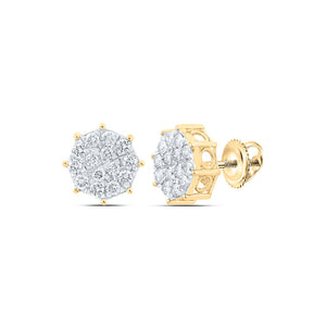 10kt Yellow Gold Womens Round Diamond Octagon Cluster Earrings 7/8 Cttw