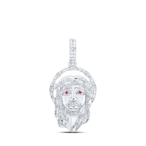 10kt White Gold Mens Round Diamond Ruby Jesus Face Charm Pendant 1 Cttw