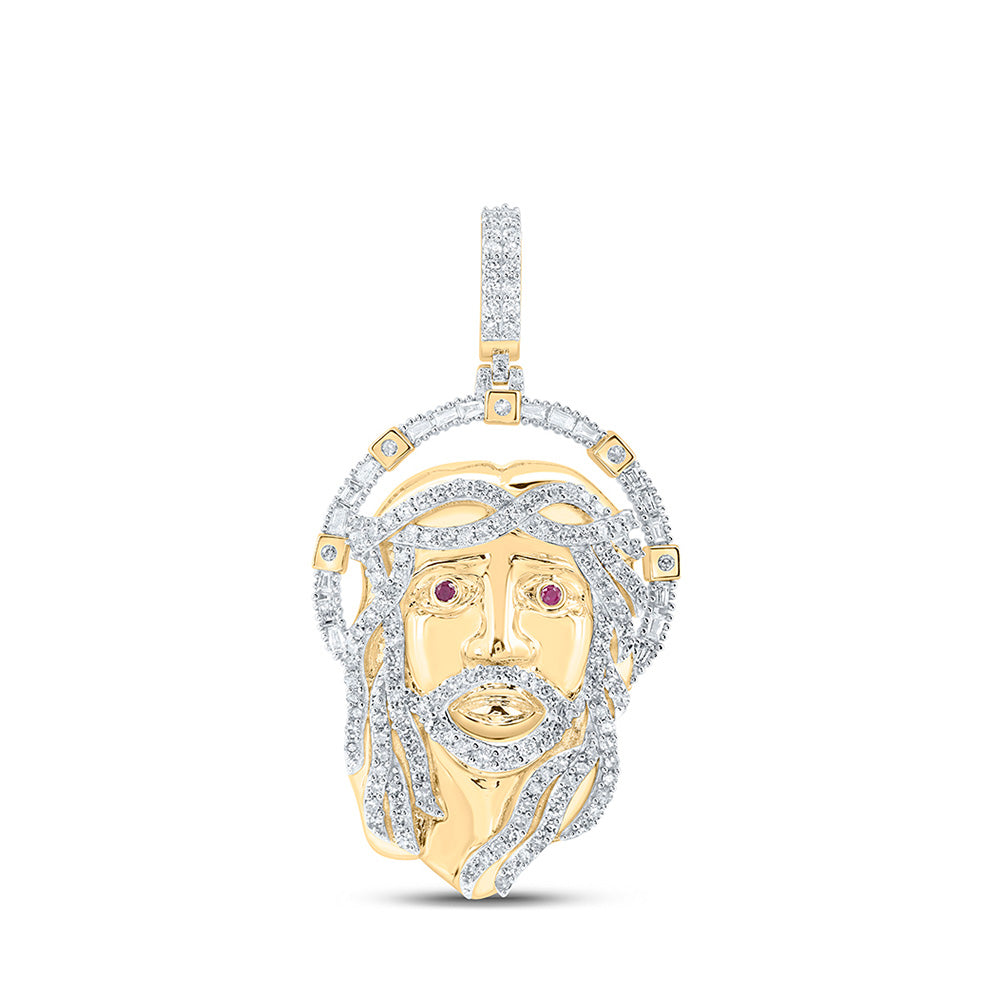 10kt Yellow Gold Mens Round Diamond Ruby Jesus Face Charm Pendant 1-3/4 Cttw