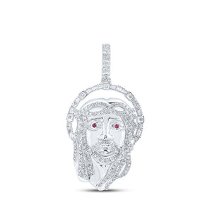 10kt White Gold Mens Round Diamond Ruby Jesus Face Charm Pendant 1-3/4 Cttw