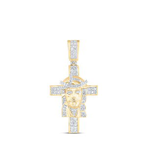 10kt Yellow Gold Mens Round Diamond Jesus Cross Charm Pendant 1 Cttw