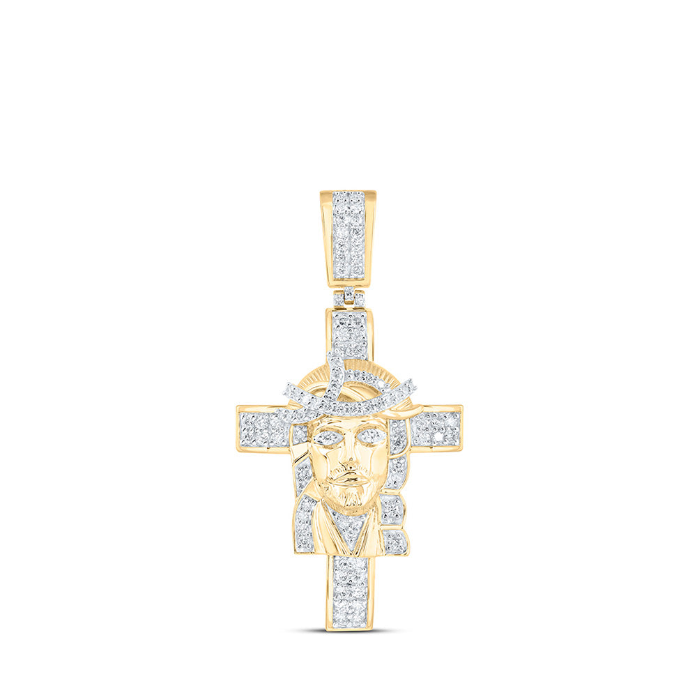 10kt Yellow Gold Mens Round Diamond Jesus Cross Charm Pendant 1 Cttw