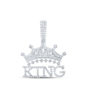 Sterling Silver Mens Round Diamond KING Crown Charm Pendant 7/8 Cttw