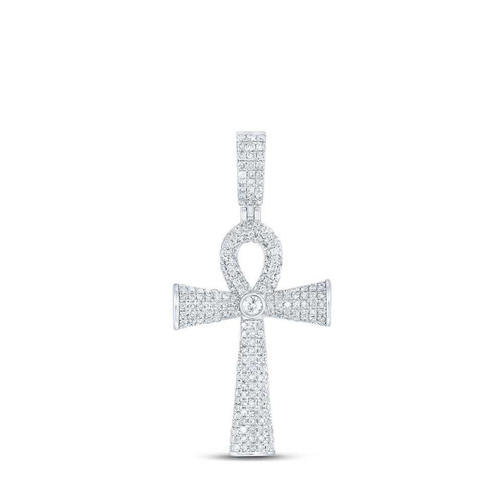 Sterling Silver Mens Round Diamond Ankh Cross Charm Pendant 1 Cttw