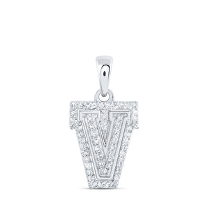 10kt White Gold Womens Round Diamond V Initial Letter Pendant 1/6 Cttw