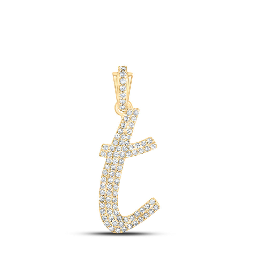 10kt Yellow Gold Womens Round Diamond T Cursive Initial Letter Pendant 1/3 Cttw