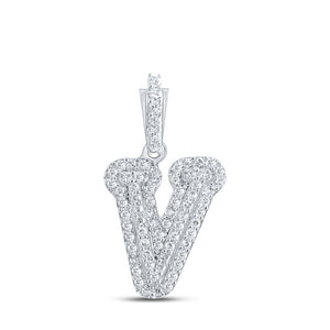 10kt White Gold Womens Round Diamond V Initial Letter Pendant 1/5 Cttw