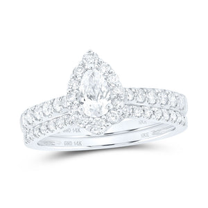 14kt White Gold Pear Diamond Halo Bridal Wedding Ring Band Set 1 Cttw