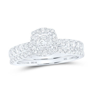 14kt White Gold Princess Diamond Halo Bridal Wedding Ring Band Set 1 Cttw