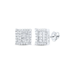 10kt White Gold Mens Baguette Diamond Square Earrings 1/2 Cttw