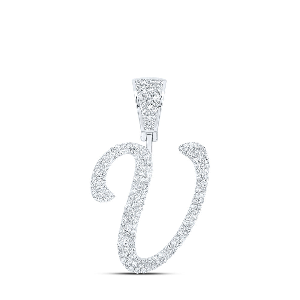 10kt White Gold Mens Round Diamond V Initial Letter Charm Pendant 7/8 Cttw