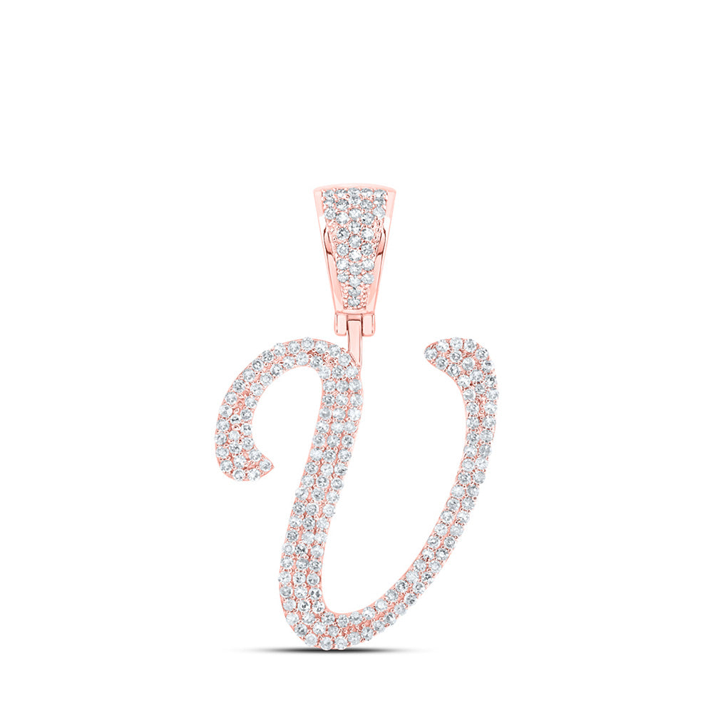 10kt Rose Gold Mens Round Diamond V Initial Letter Charm Pendant 7/8 Cttw