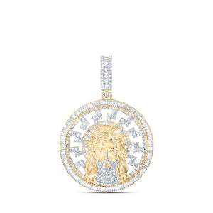 10kt Yellow Gold Mens Baguette Diamond Jesus Medallion Circle Charm Pendant 2-3/4 Cttw