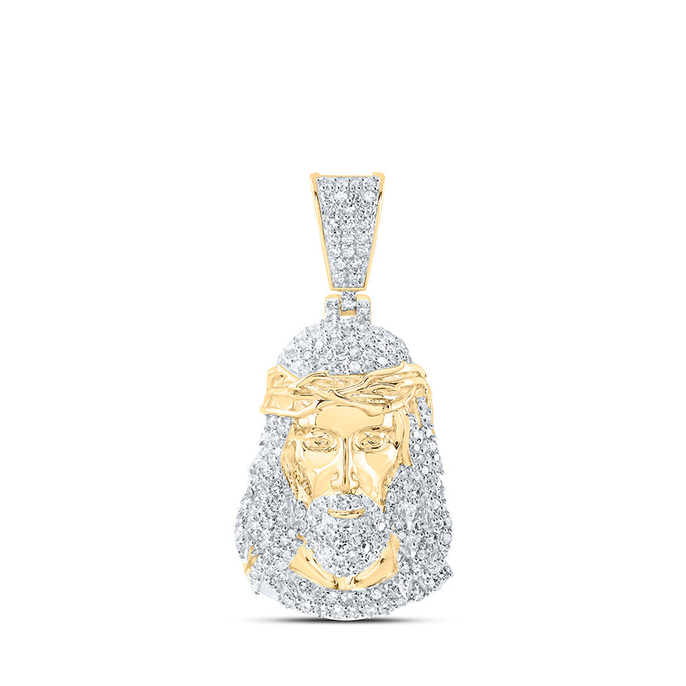 10kt Yellow Gold Mens Round Diamond Jesus Face Charm Pendant 1 Cttw