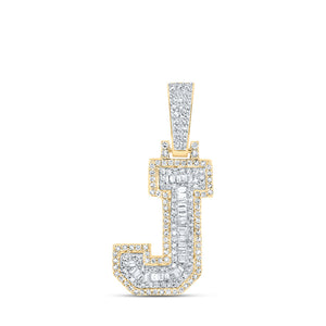 10kt Yellow Gold Mens Baguette Diamond J Initial Letter Charm Pendant 1/2 Cttw