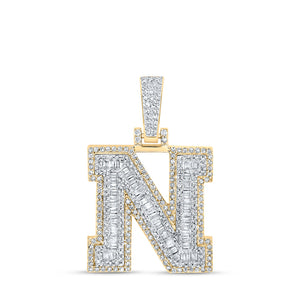 10kt Yellow Gold Mens Baguette Diamond N Initial Letter Charm Pendant 3/4 Cttw