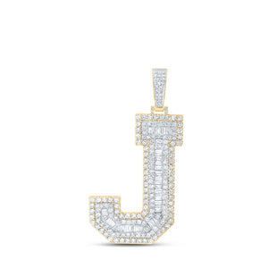 10kt Yellow Gold Mens Baguette Diamond J Initial Letter Charm Pendant 4-1/5 Cttw