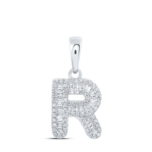 10kt White Gold Womens Baguette Diamond R Initial Letter Pendant 1/3 Cttw