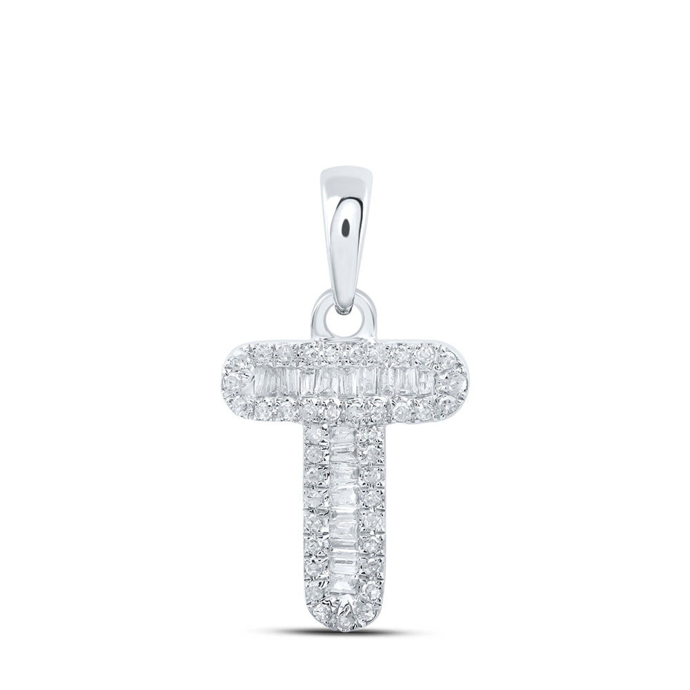 10kt White Gold Womens Baguette Diamond T Initial Letter Pendant 1/4 Cttw