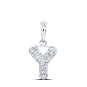 10kt White Gold Womens Baguette Diamond Y Initial Letter Pendant 1/5 Cttw