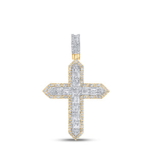 10kt Yellow Gold Mens Baguette Diamond Cross Charm Pendant 1-3/4 Cttw