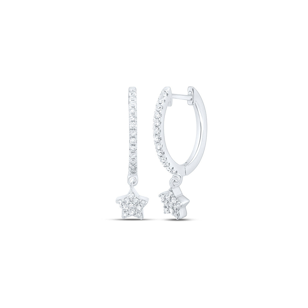 10kt White Gold Womens Round Diamond Star Hoop Dangle Earrings 1/5 Cttw