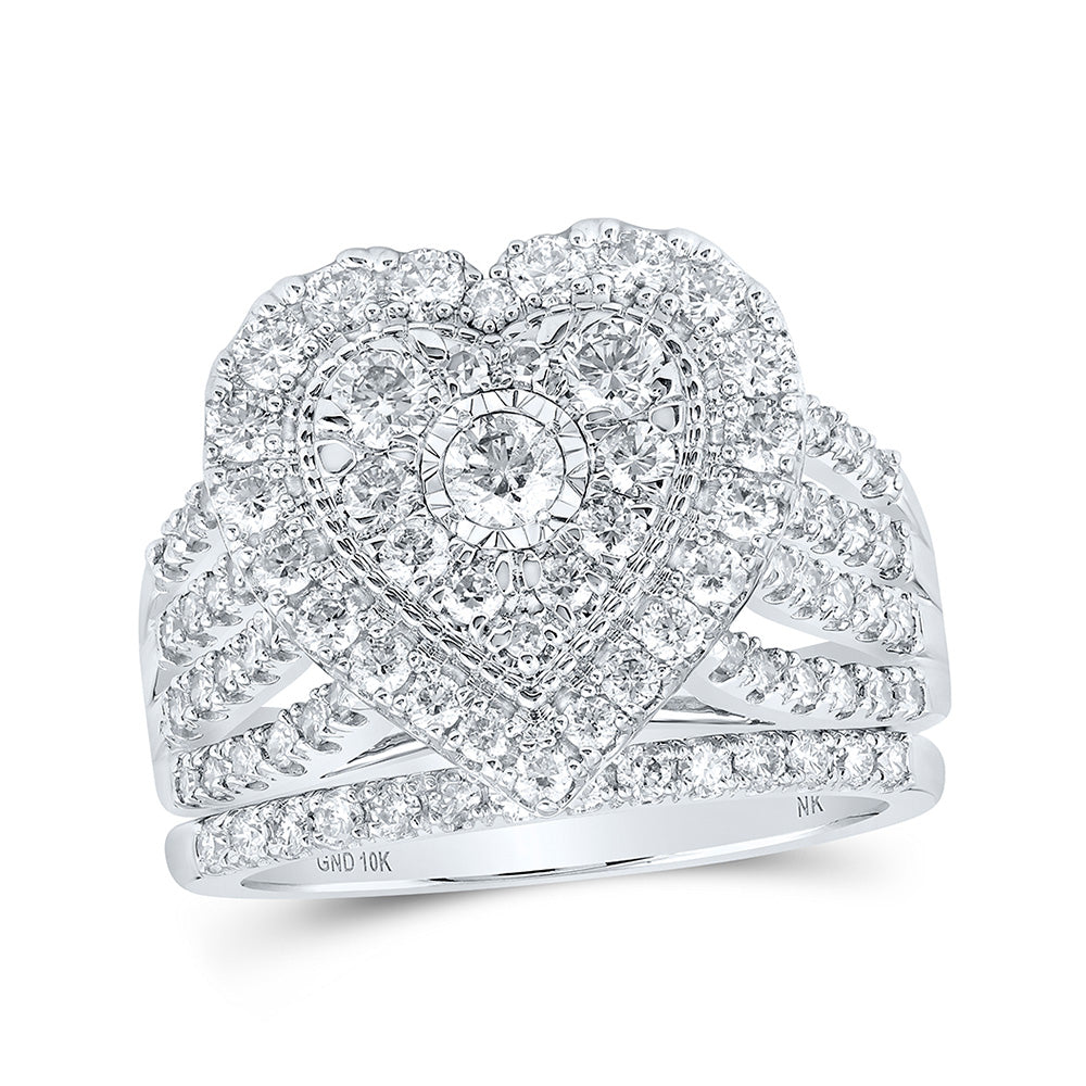 10kt White Gold Round Diamond Heart Bridal Wedding Ring Band Set 1-1/2 Cttw