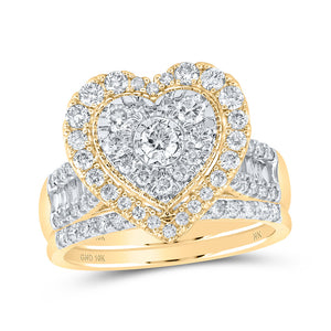 10kt Yellow Gold Round Diamond Heart Bridal Wedding Ring Band Set 1-1/4 Cttw