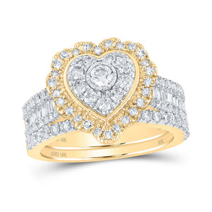 10kt Yellow Gold Round Diamond Heart Bridal Wedding Ring Band Set 1-1/2 Cttw