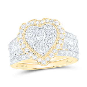 10kt Yellow Gold Round Diamond Heart Bridal Wedding Ring Band Set 2 Cttw