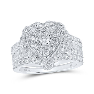 10kt White Gold Round Diamond Heart Bridal Wedding Ring Band Set 2 Cttw