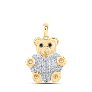 10kt Yellow Gold Womens Round Black Color Treated Diamond Bear Animal Pendant 1/5 Cttw