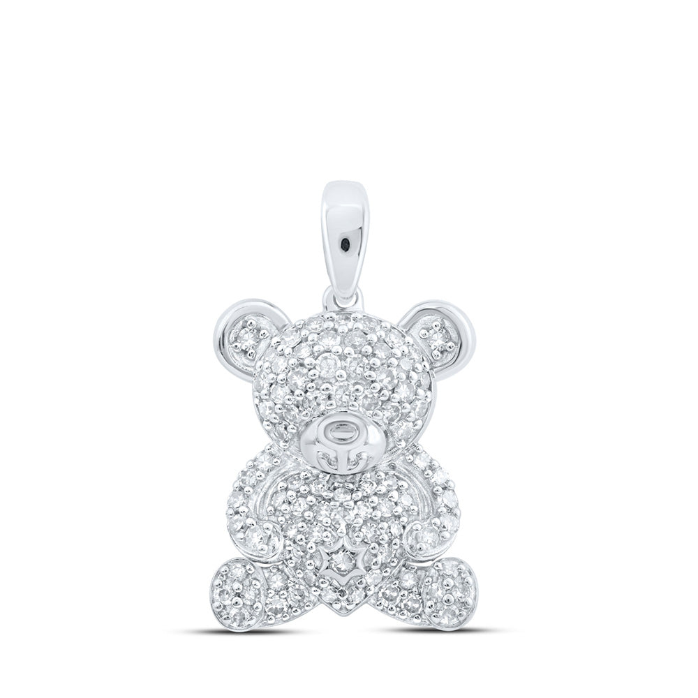 10kt White Gold Womens Round Diamond Teddy Bear Animal Pendant 1/2 Cttw