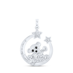 10kt White Gold Womens Round Diamond Bear Crescent Moon Animal Pendant 1/12 Cttw