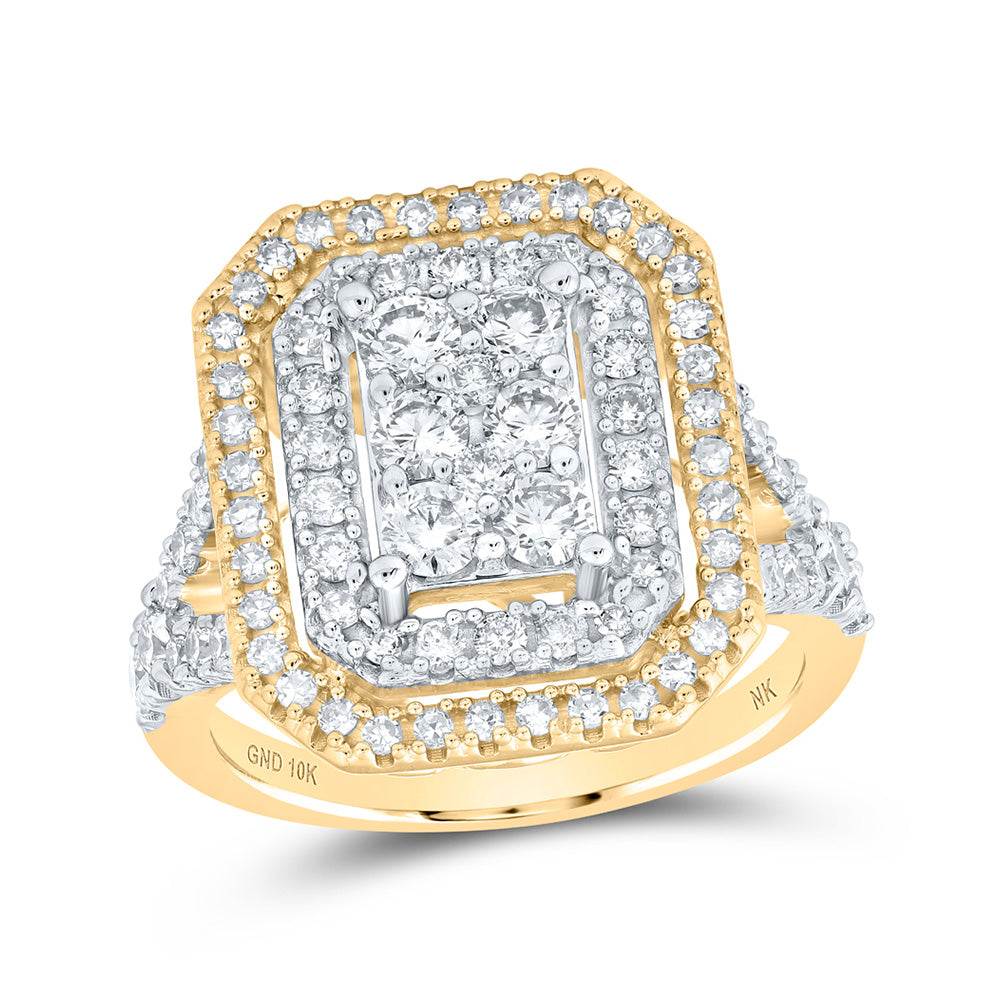 10kt Yellow Gold Womens Round Diamond Rectangle Cluster Ring 1-1/2 Cttw