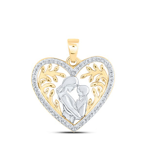 10kt Yellow Gold Womens Round Diamond Mom Child Heart Pendant 1/10 Cttw