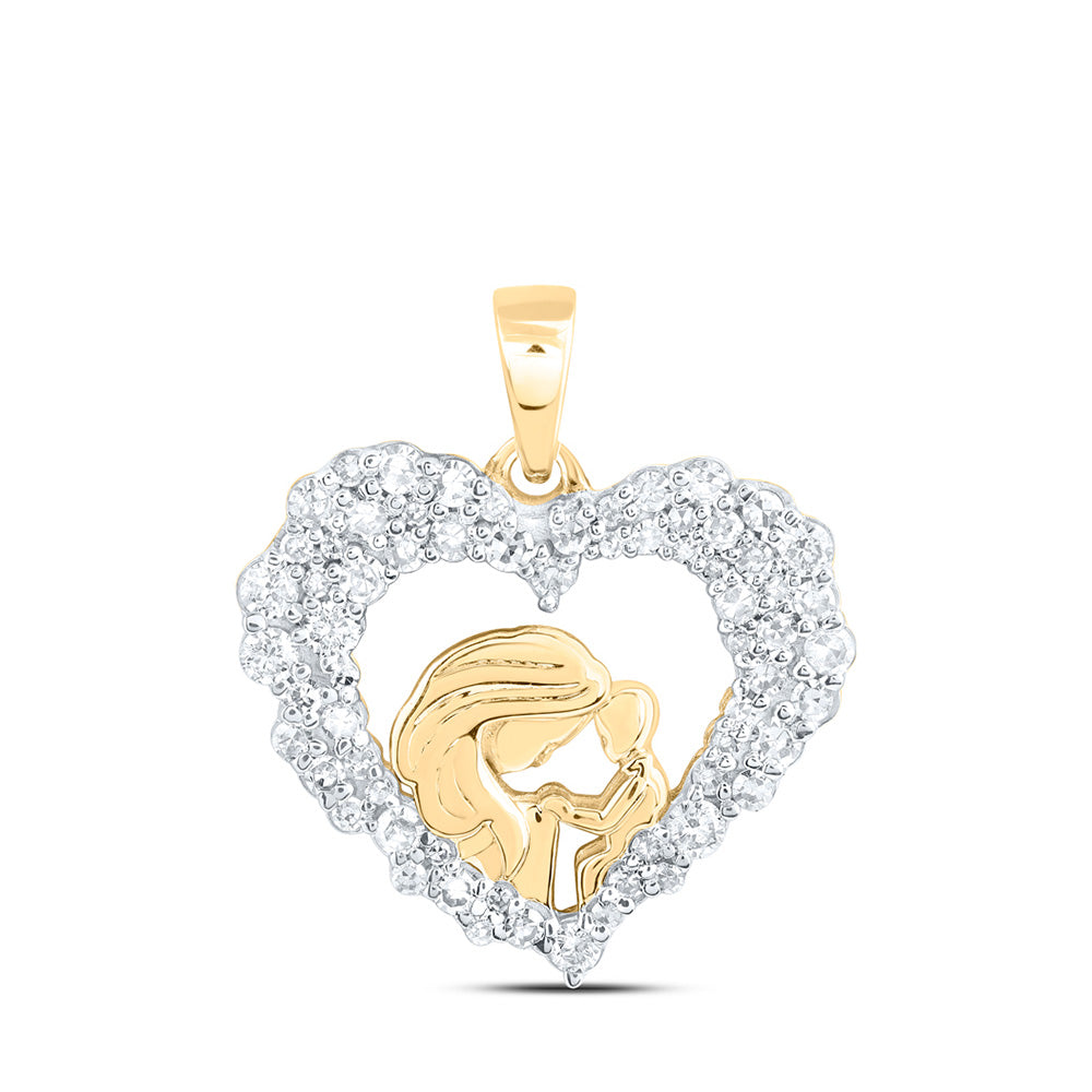 10kt Yellow Gold Womens Round Diamond Mom Child Heart Pendant 3/8 Cttw