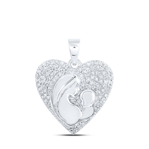 10kt White Gold Womens Round Diamond Mother Child Heart Pendant 1/5 Cttw