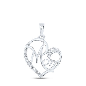 10kt White Gold Womens Round Diamond Mom Heart Pendant 1/8 Cttw