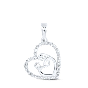 10kt White Gold Womens Round Diamond Mom Child Heart Pendant 1/6 Cttw