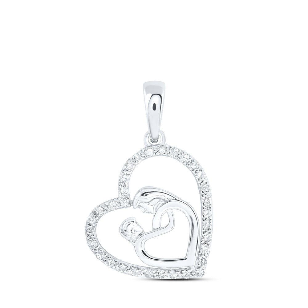 10kt White Gold Womens Round Diamond Mom Child Heart Pendant 1/6 Cttw