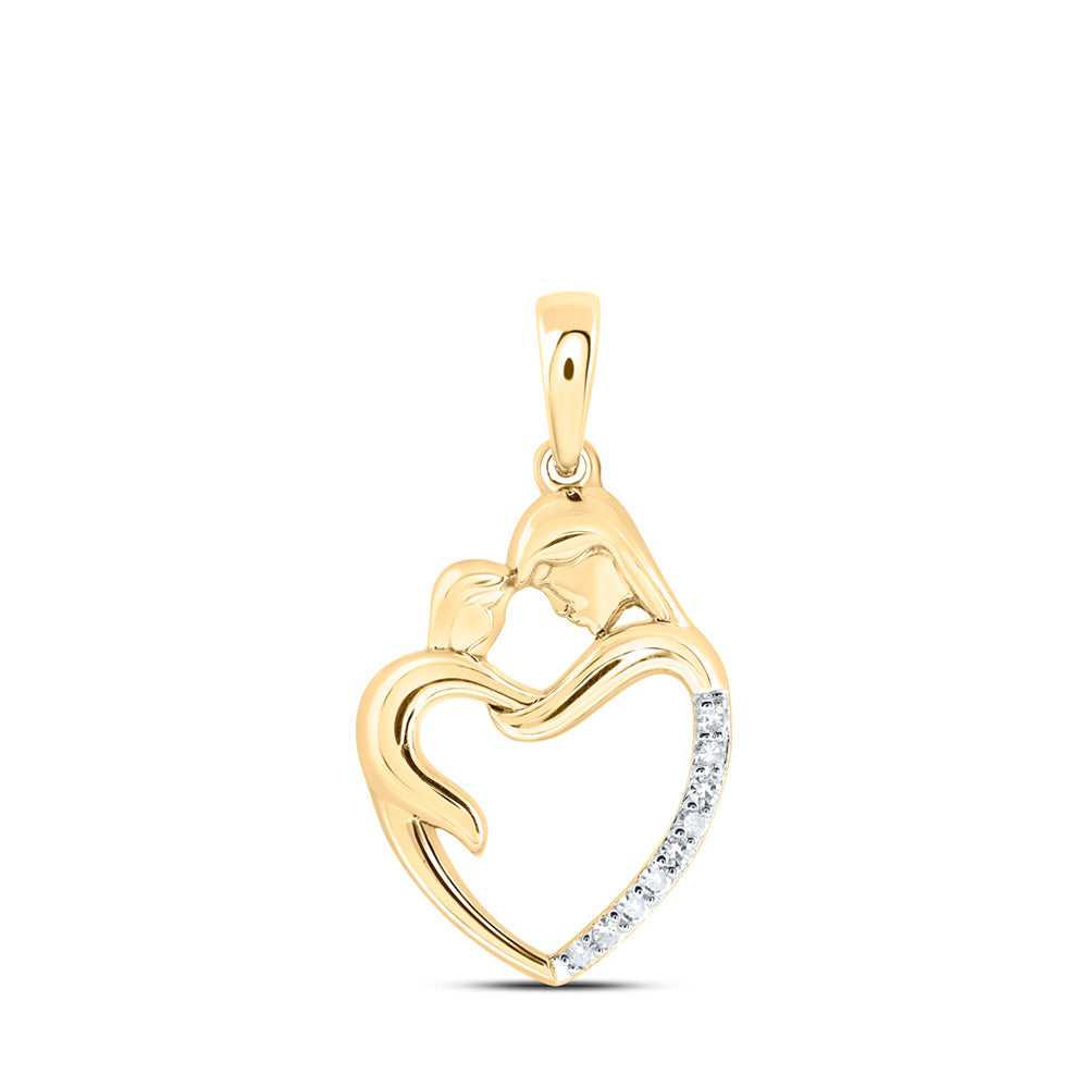 10kt Yellow Gold Womens Round Diamond Mom Child Heart Pendant 1/20 Cttw